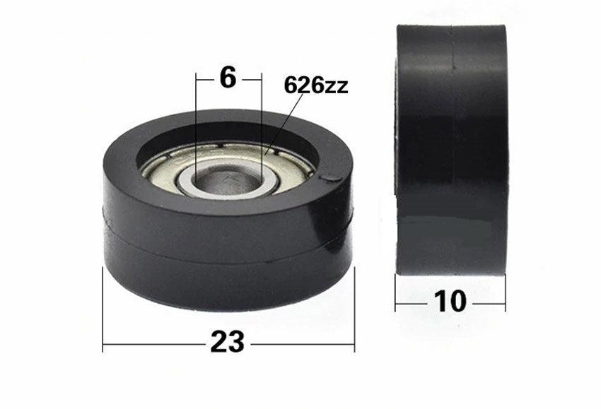 6x23x10mm Polyurethane Miniature Pulley Wheel Roller Bearing - 23mm Diameter Black Tire