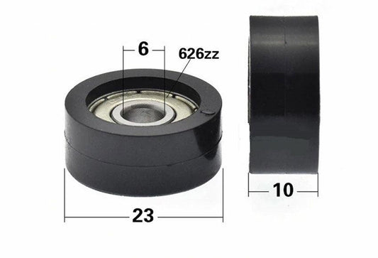 6x23x10mm Polyurethane Miniature Pulley Wheel Roller Bearing - 23mm Diameter Black Tire