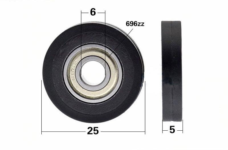 6x25x5mm PU Miniature Pulley Wheel Roller Bearing - 25mm Black Tire