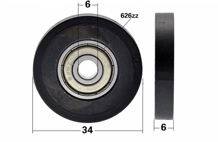 6x34x6mm Polyurethane Pulley Wheel Roller Bearing - 34mm Black Tire