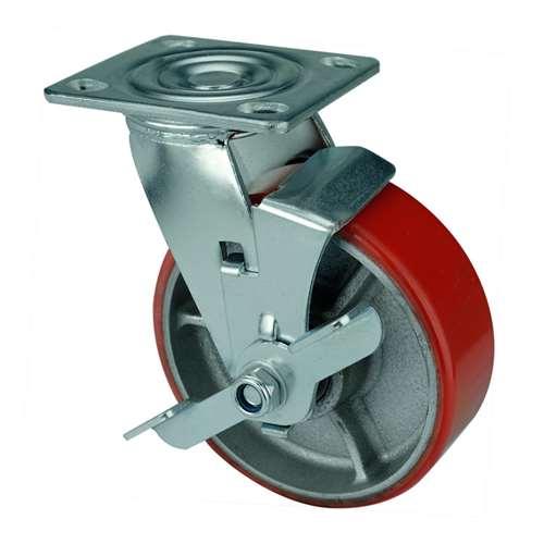 8"inch Heavy Duty Caster Wheel 1190 Lbs - Center Brake Cast Iron - PU - Top Plate Mount